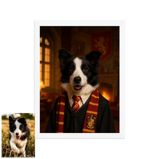 ACADEMY HONORS: Crimson Courage — Custom Pet Portrait in Scarlet Scholar Robes, Premium Matte Framed Poster | Instant Design Preview, Ships in 48h