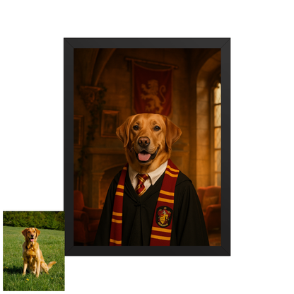 ACADEMY HONORS: Crimson Courage — Custom Pet Portrait in Scarlet Scholar Robes, Premium Matte Framed Poster | Instant Design Preview, Ships in 48h