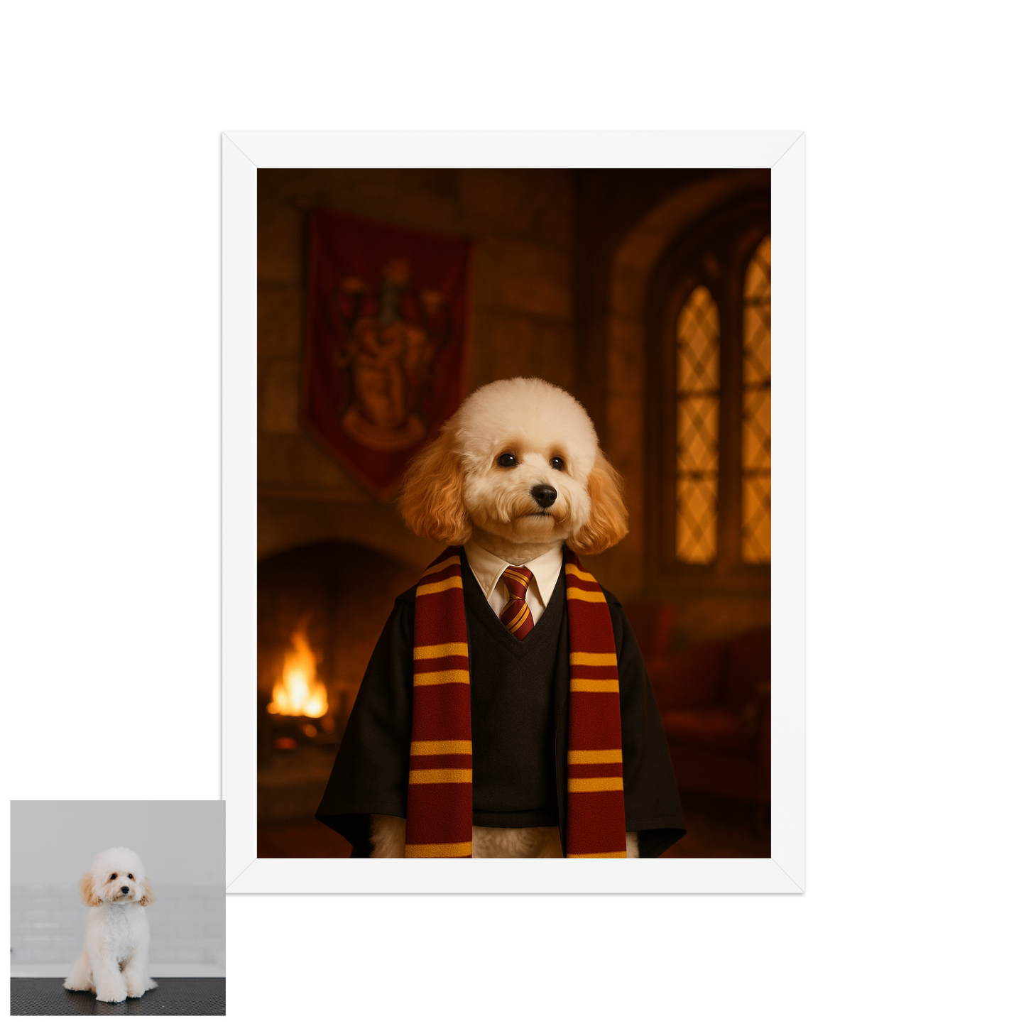 ACADEMY HONORS: Crimson Courage — Custom Pet Portrait in Scarlet Scholar Robes, Premium Matte Framed Poster | Instant Design Preview, Ships in 48h
