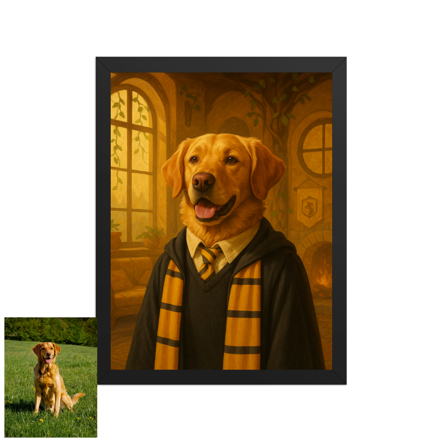 ACADEMY HONORS: Golden Loyalty — Custom Pet Portrait in Sunburst Scholar Uniform, Premium Matte Framed Poster | Instant Design Preview, Ships in 48h