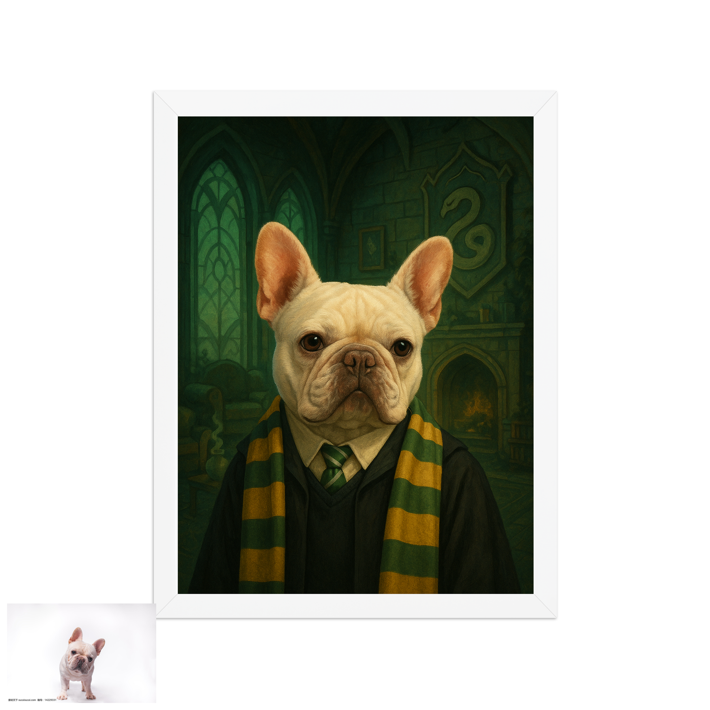 ACADEMY HONORS: Emerald Ambition — Custom Pet Portrait in Jade Scholar Regalia, Premium Matte Framed Poster | Instant Design Preview, Ships in 48h