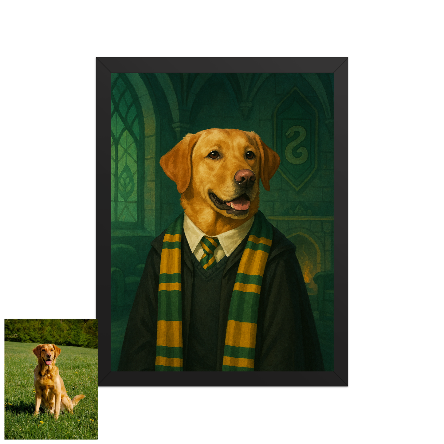 ACADEMY HONORS: Emerald Ambition — Custom Pet Portrait in Jade Scholar Regalia, Premium Matte Framed Poster | Instant Design Preview, Ships in 48h