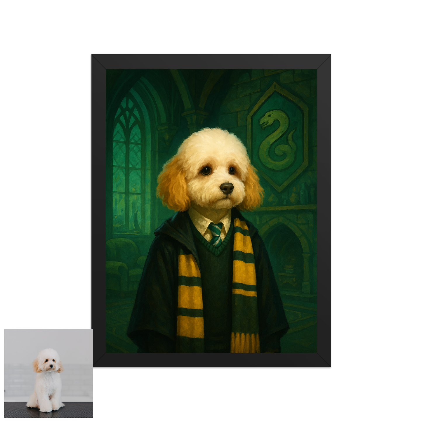 ACADEMY HONORS: Emerald Ambition — Custom Pet Portrait in Jade Scholar Regalia, Premium Matte Framed Poster | Instant Design Preview, Ships in 48h