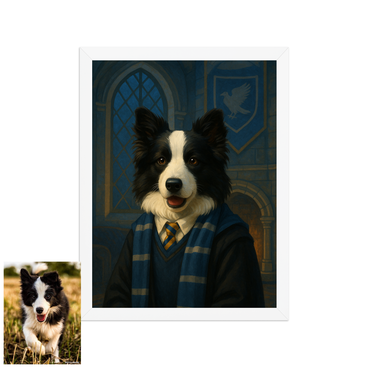 ACADEMY HONORS: Sapphire Wisdom — Custom Pet Portrait in Azure Scholar Attire, Premium Matte Framed Poster | Instant Design Preview, Ships in 48h