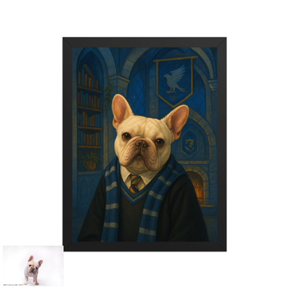 ACADEMY HONORS: Sapphire Wisdom — Custom Pet Portrait in Azure Scholar Attire, Premium Matte Framed Poster | Instant Design Preview, Ships in 48h
