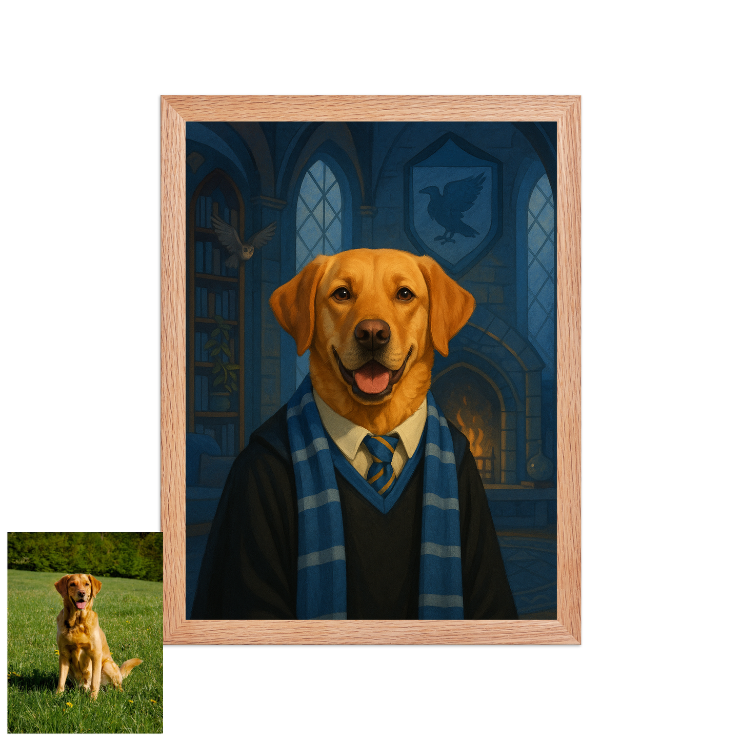 ACADEMY HONORS: Sapphire Wisdom — Custom Pet Portrait in Azure Scholar Attire, Premium Matte Framed Poster | Instant Design Preview, Ships in 48h