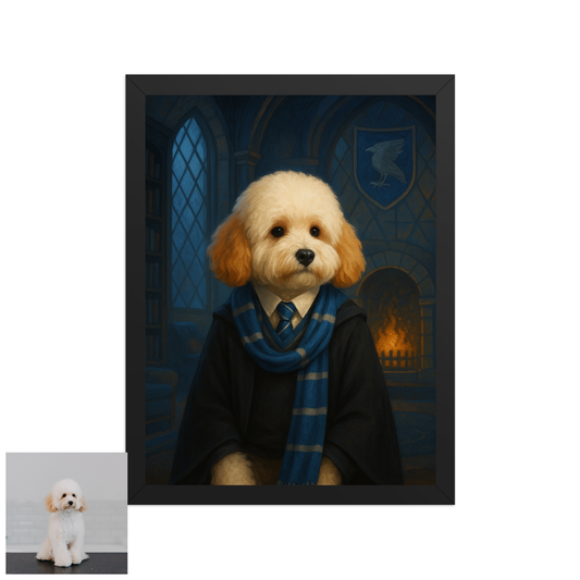 ACADEMY HONORS: Sapphire Wisdom — Custom Pet Portrait in Azure Scholar Attire, Premium Matte Framed Poster | Instant Design Preview, Ships in 48h
