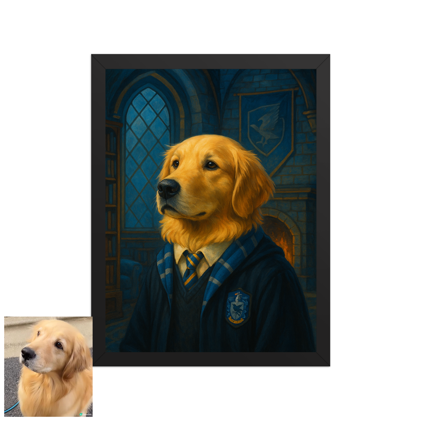 ACADEMY HONORS: Sapphire Wisdom — Custom Pet Portrait in Azure Scholar Attire, Premium Matte Framed Poster | Instant Design Preview, Ships in 48h