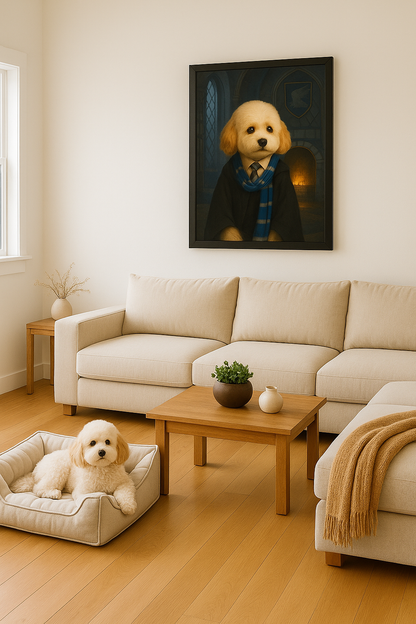 ACADEMY HONORS: Sapphire Wisdom — Custom Pet Portrait in Azure Scholar Attire, Premium Matte Framed Poster | Instant Design Preview, Ships in 48h